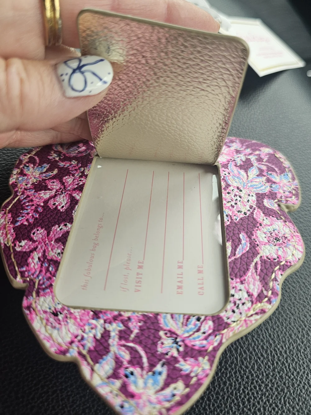 Lilly Pulitzer Blue and White Floral-Style Scrunchie with Pink Leaf Luggage Tag